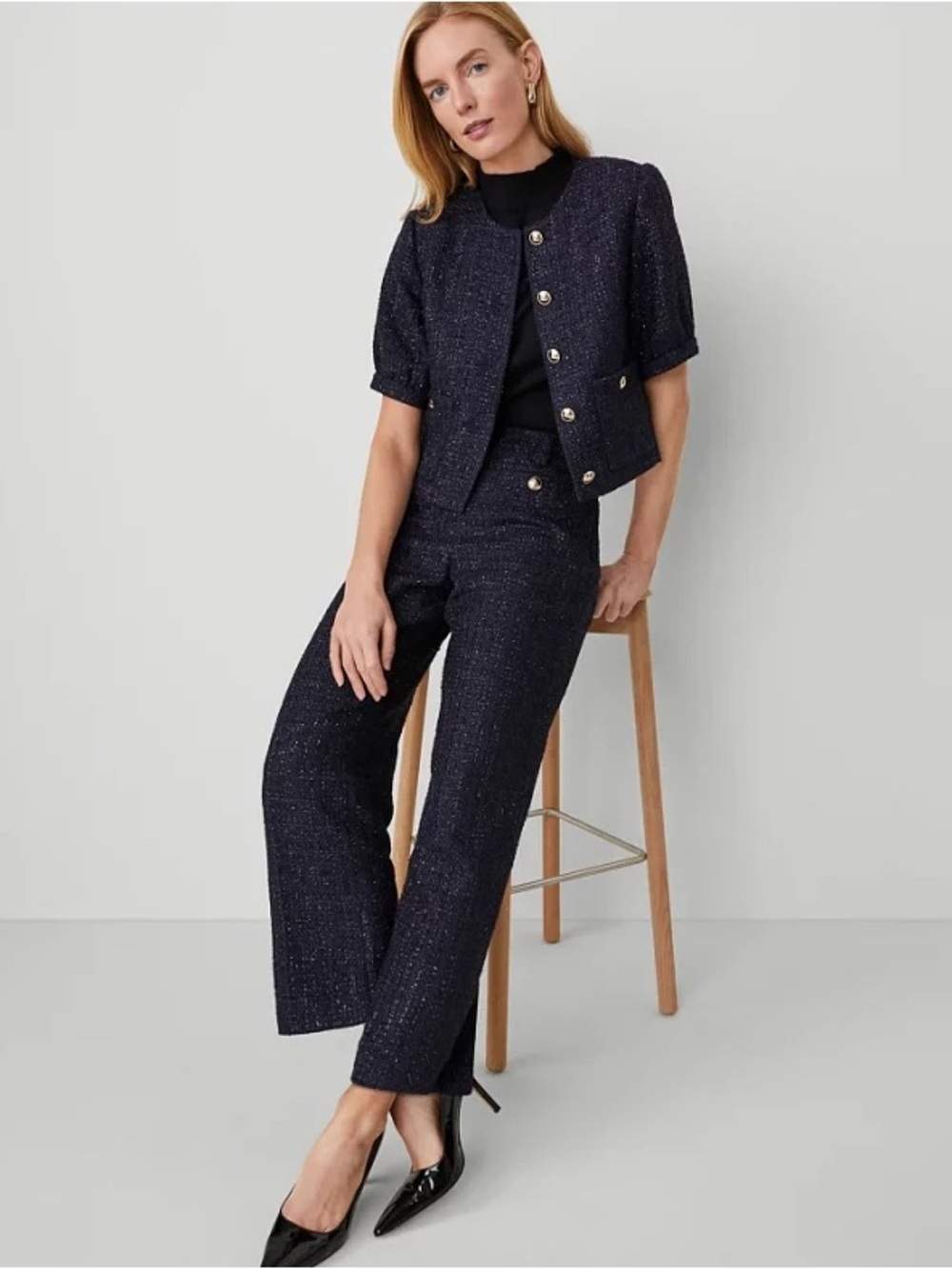 Navy Ann Taylor Women's Preppy Metallic shimmer Tweed 2- Piece Pant suit